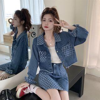 Checkered Panel Cropped Denim Jacket / Mini Pencil Skirt