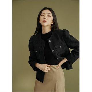 Round-neck Puff-shoulder Jacket Black - One Size