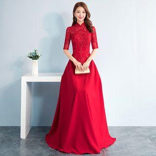 Mandarin Collar Elbow Sleeve Evening Gown