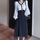 Contrast Trim Cropped Cardigan / Midi A-line Mesh Skirt