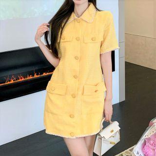 Elbow-sleeve Collared Tweed Mini Dress