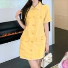 Elbow-sleeve Collared Tweed Mini Dress