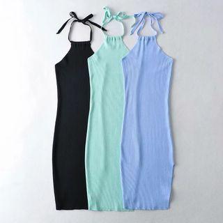 Spaghetti-strap Halter Neck Knit Midi Sheath Dress