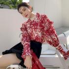 Long-sleeve Print Blouse Red - One Size