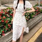 Puff-sleeve Ruffle Trim Floral Print Slit Dress