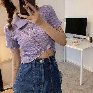 Short-sleeve Frill Trim Polo Knit Top
