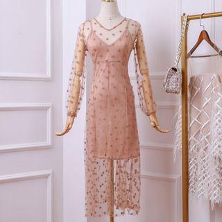 Set: Long-sleeve Star Embroidered Mesh Midi A-line Dress + Slipdress