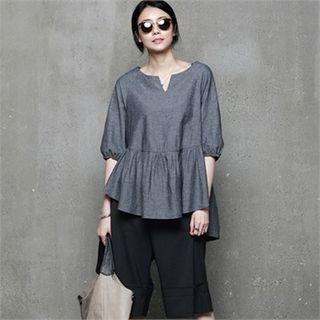 Open-placket Elbow- Sleeve Top