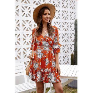 Floral Elbow-sleeve Open-back Mini A-line Dress