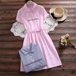 Embroidered Striped Short Sleeve Collared Dress