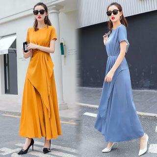 Set: Asymmetric Hem Short-sleeve Top + High Waist Wide-leg Pants