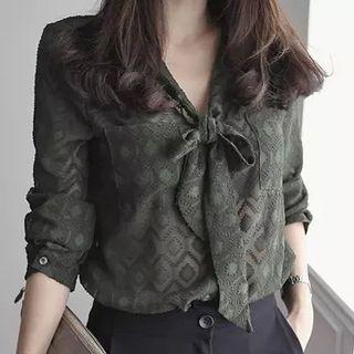 Pattern Embroidered Bow-tie Chiffon Blouse