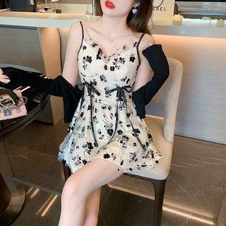 Spaghetti Strap Lace-up Floral Mini A-line Dress / Cardigan