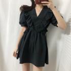 Ruffled Elbow-sleeve Mini A-line Dress