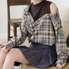 Mock Two-piece Long-sleeve Plaid Shirt Plaid - Blue & Brown - One Size