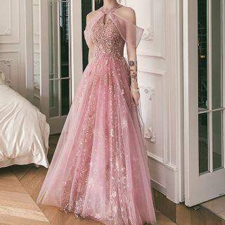 Cold-shoulder Floral Print A-line Evening Gown