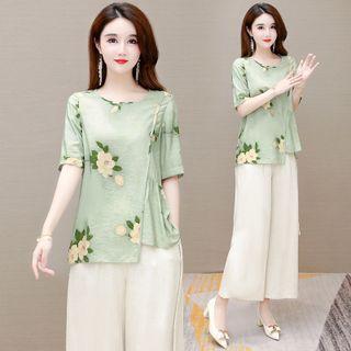 Set: Short-sleeve Flower Print Blouse + Cropped Wide-leg Pants