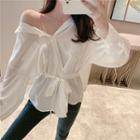 Long-sleeve Tie-waist Blouse White - One Size