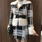 Fleece Panel Plaid Button Jacket/ Mini H-line Skirt