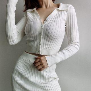 Set : Plain Knit Long-sleeve Cardigan + Striped Skinny Skirt