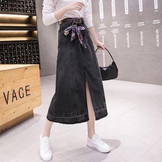 Slit Straight-fit Midi Denim Skirt