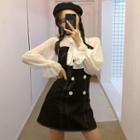 Ribbon Lace-up Flare-sleeve Panel Double-breasted A-line Dress