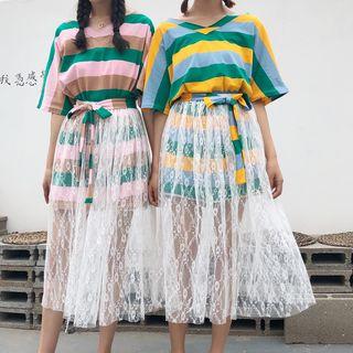 Set: Lace Skirt + Striped T-shirt Dress