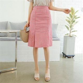 Band-waist Slit-hem Gingham Midi Skirt