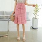 Band-waist Slit-hem Gingham Midi Skirt