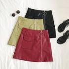 Faux-leather Hoop-accent Zip Mini Skirt