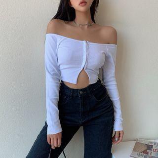 Long Sleeve Off Shoulder Slit Cropped Knit Top