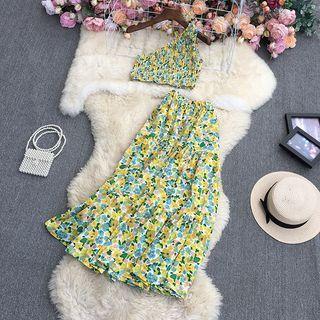 Set: One-shoulder Floral Crop Top + Midi A-line Skirt