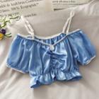 Off-shoulder Lace-trim Satin Crop Top Blue - One Size