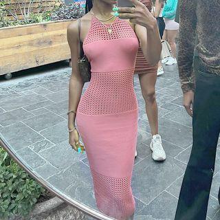 Halter Mesh Panel Midi Sheath Dress