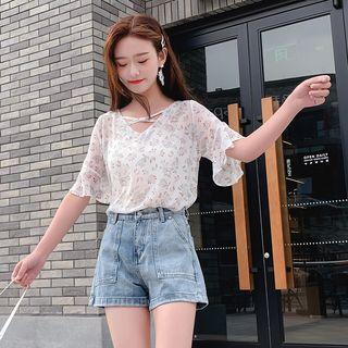 Elbow-sleeve Floral Chiffon Blouse Floral - White - One Size