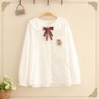 Long Sleeve Bear Embroidered Peter Pan Collar Shirt As Shown In Figure - One Size