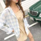 Plaid Long-sleeve Loose-fit Shirt Blue - One Size