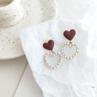 Faux Pearl Alloy Heart Dangle Earring 1 Pair - 925 Silver - Dark Red & White - One Size