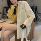 Flower Embroidered Two-tone Oversize Shirt As Shown In Figure - One Size
