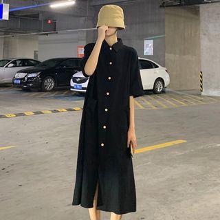 Elbow-sleeve Midi Shirtdress Black - One Size