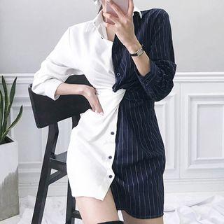 Two-tone Striped Panel Long-sleeve Mini Shirtdress