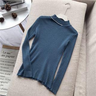 Faux Pearl Mock Neck Cut Out Knit Top