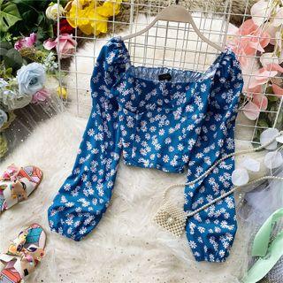 Daisy Print Square-neck Puff-sleeve Blouse