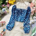 Daisy Print Square-neck Puff-sleeve Blouse
