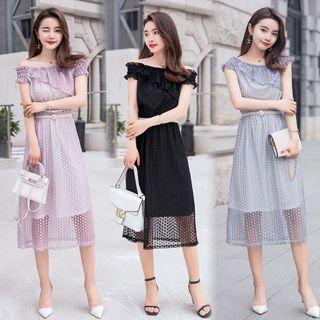 Off-shoulder Midi Lace Dress With Belt