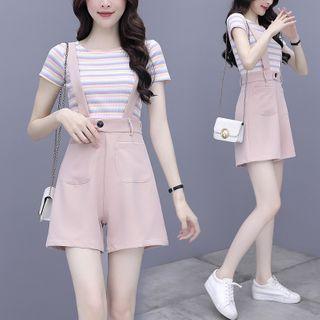 Set: Striped Short-sleeve Top + Suspender Shorts