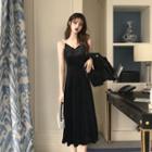 Faux Pearl Velvet Midi A-line Dress