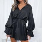 Bell-sleeve V-neck Tie-waist Satin Mini Shirtdress