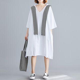 Mock Two-piece Elbow-sleeve T-shirt Dress White - One Size
