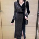 Color-block V-neck Velvet Slim-fit Side-slit High-waist Long-sleeve Dress